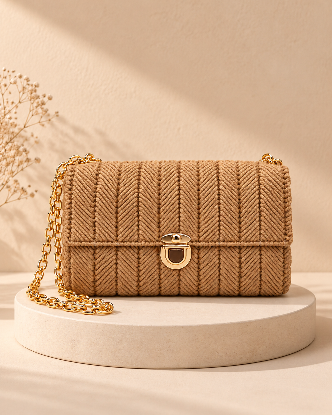 Camel Flap Sling Bag — warm beige pedestal product photo