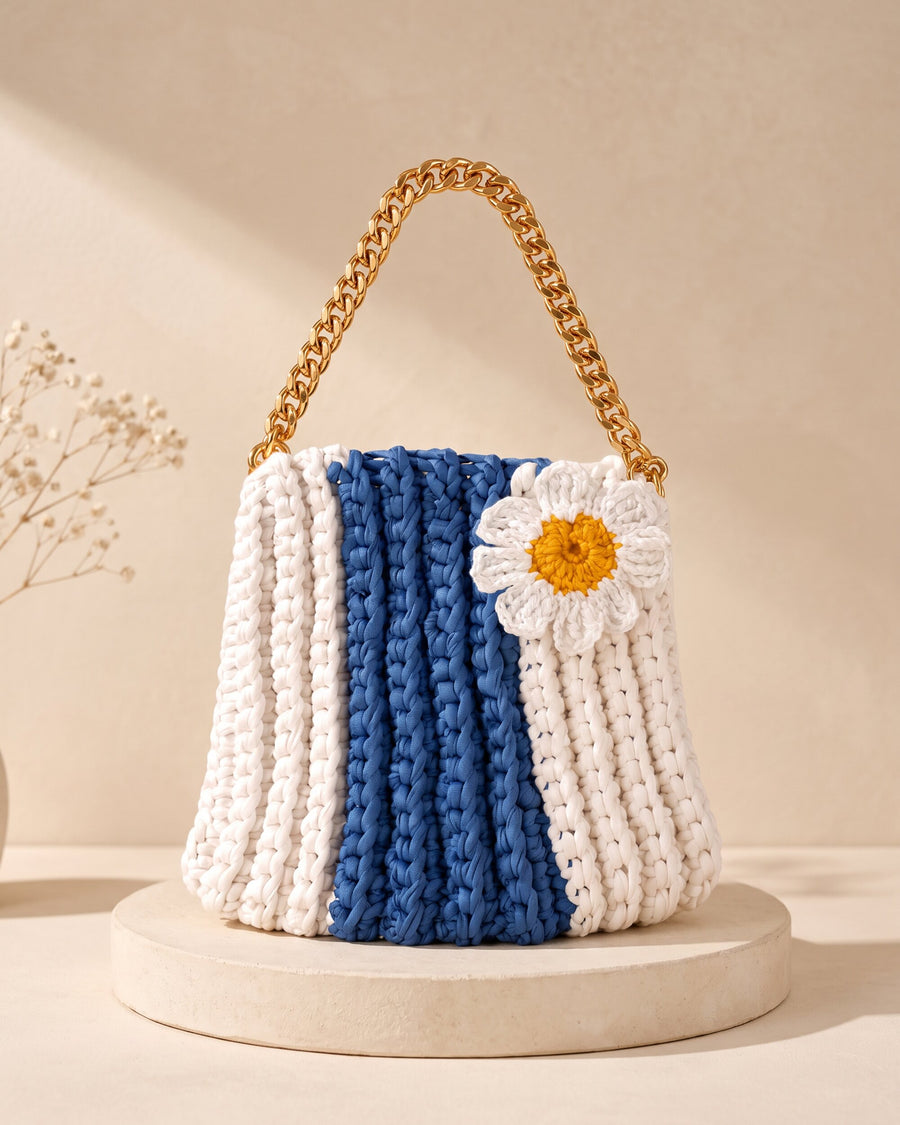 Blue Daisy Shoulder Bag, handmade crochet by House of Reena