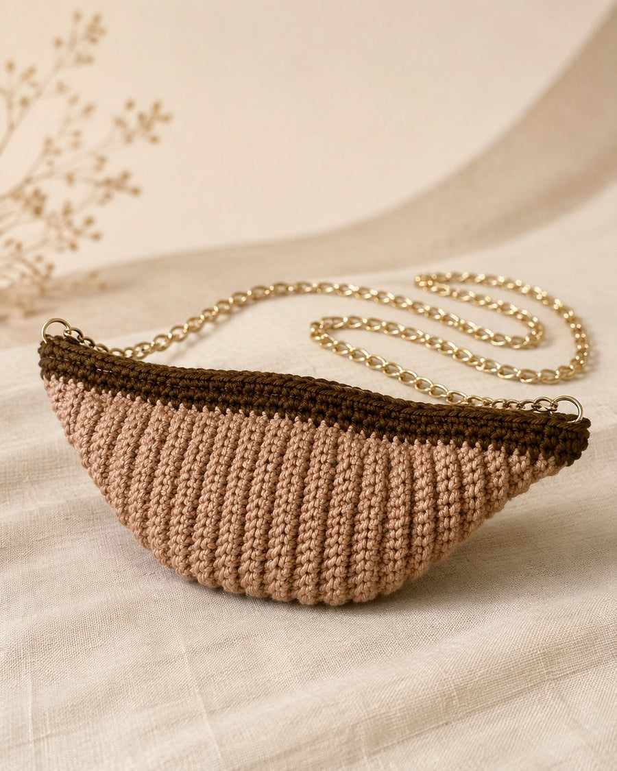 Blush and mocha crochet crescent sling bag