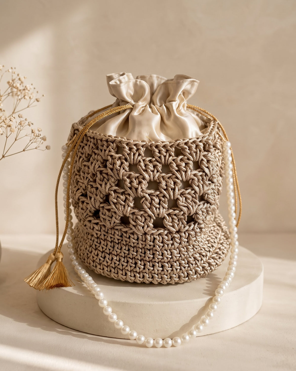 Drawstring Potli, Gold Lace, handmade crochet by House of Reena