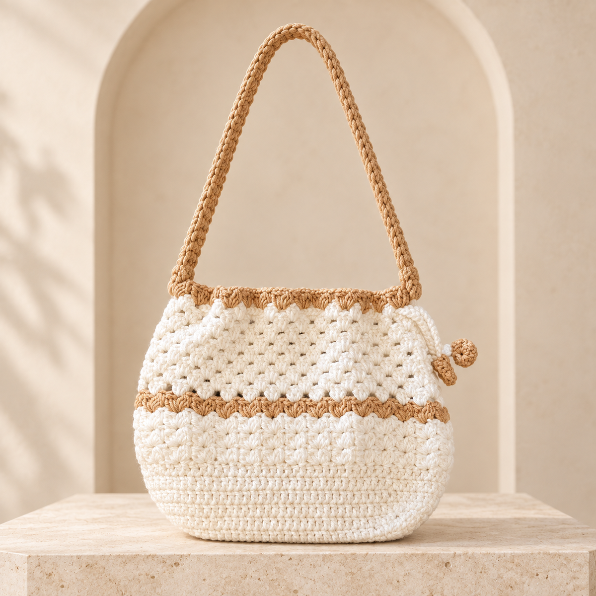 HouseOfReena white and tan soft woollen crochet sling purse