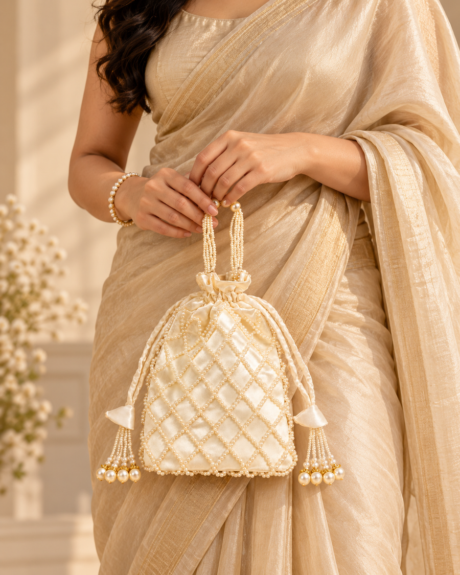 Moti Potli, Satin & Pearl — model holding the bag
