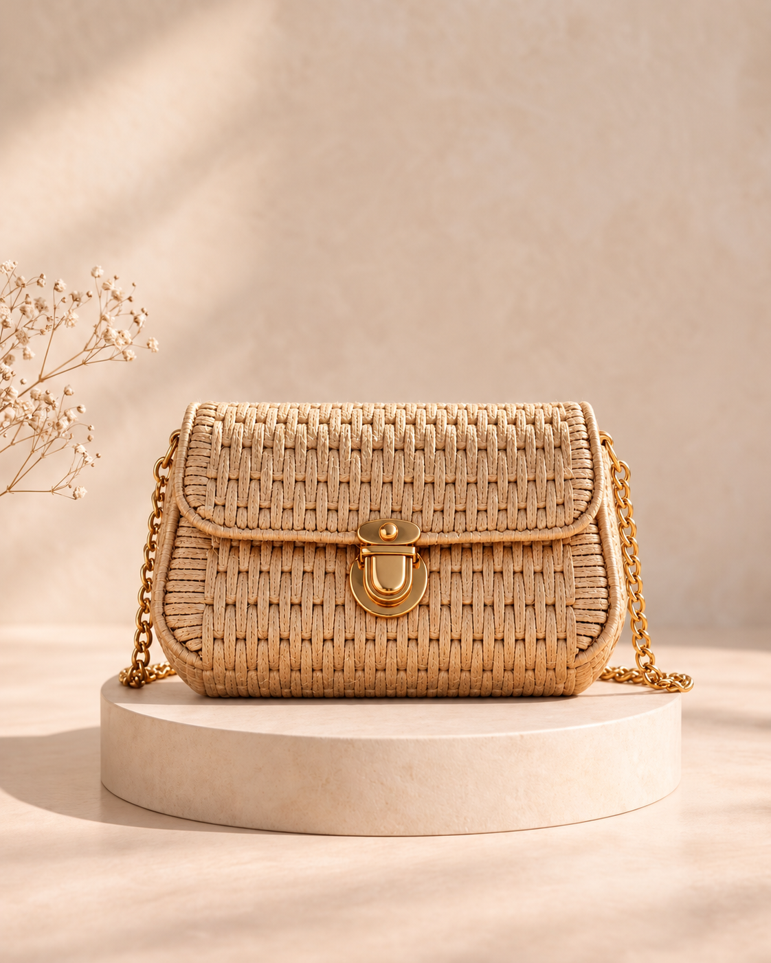 beige sling bag on ivory pedestal