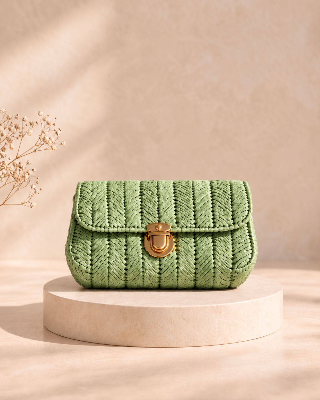 mint-green sling bag on ivory pedestal