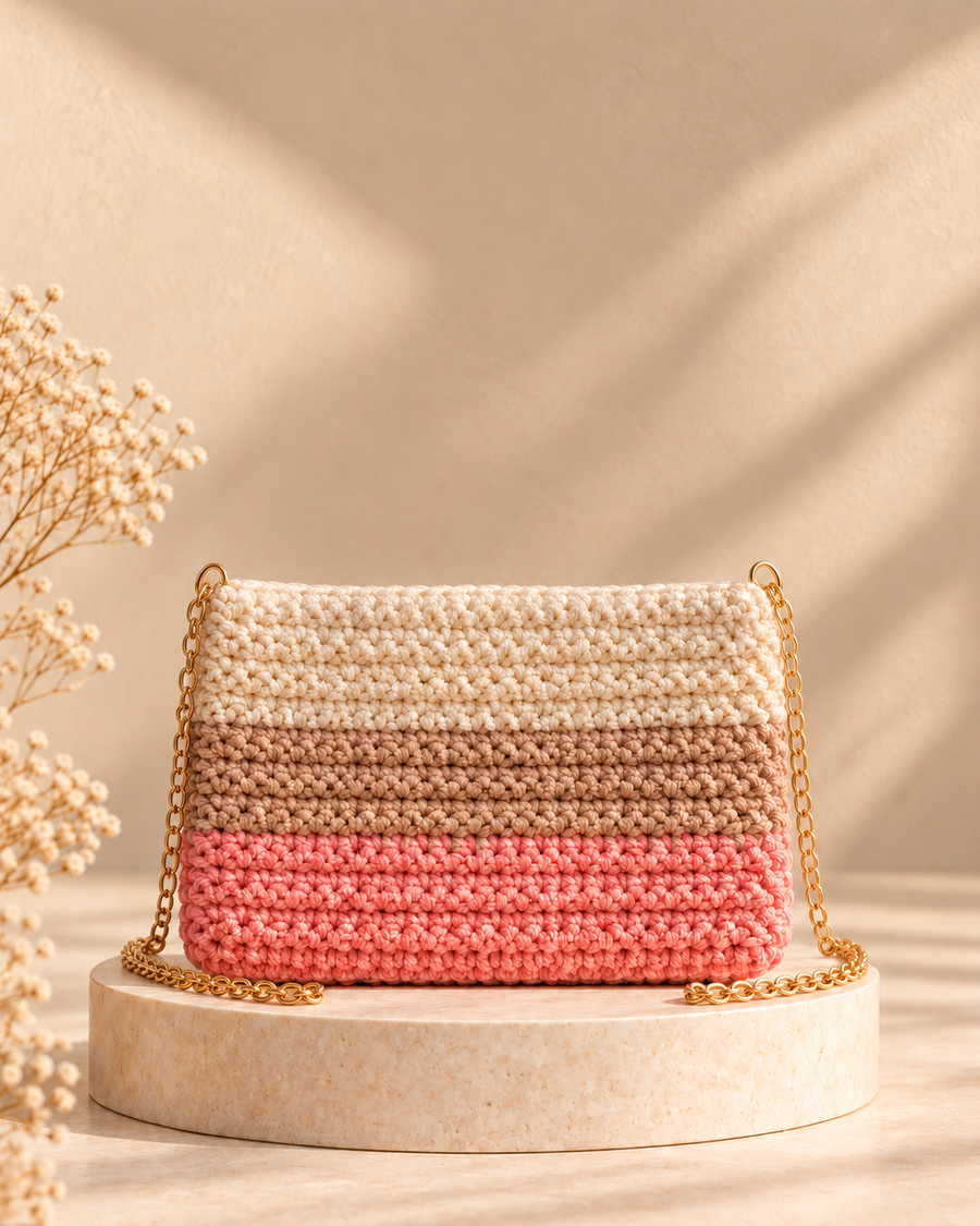 Coral Latte Crochet Sling — warm beige pedestal product photo