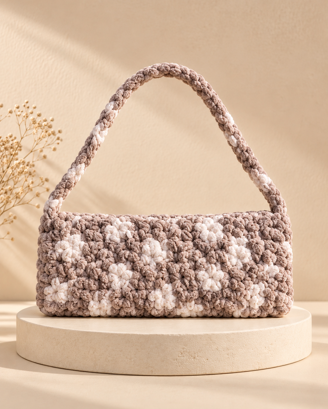 Grey & White Fluffy Bag — warm beige pedestal product photo