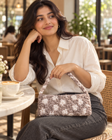 Grey & White Fluffy Bag — model carrying the bag
