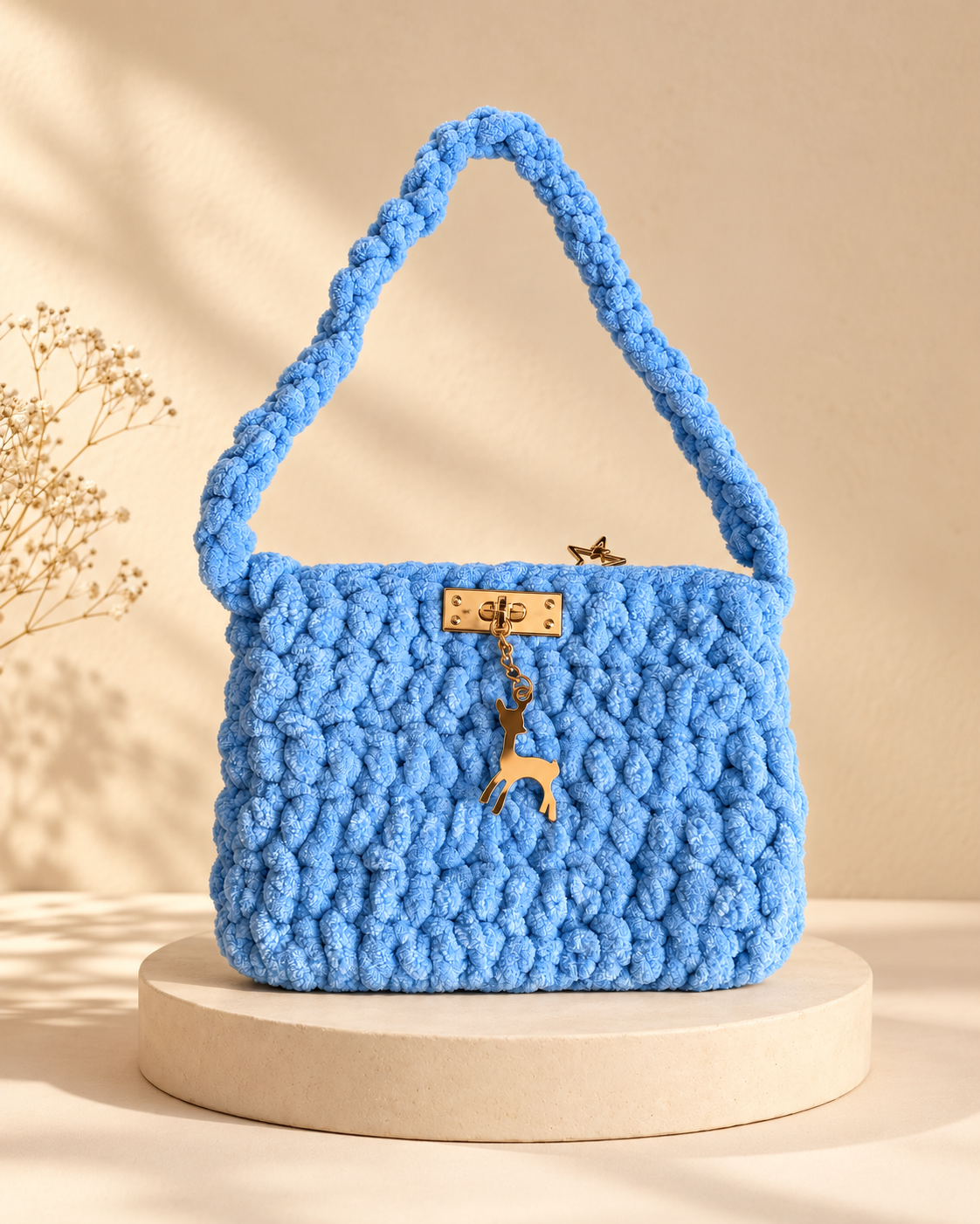 Sky Blue Fluffy Bag — warm beige pedestal product photo