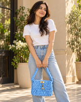 Sky Blue Fluffy Bag — model carrying the bag