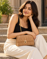 Camel Flap Sling Bag — model carrying the bag