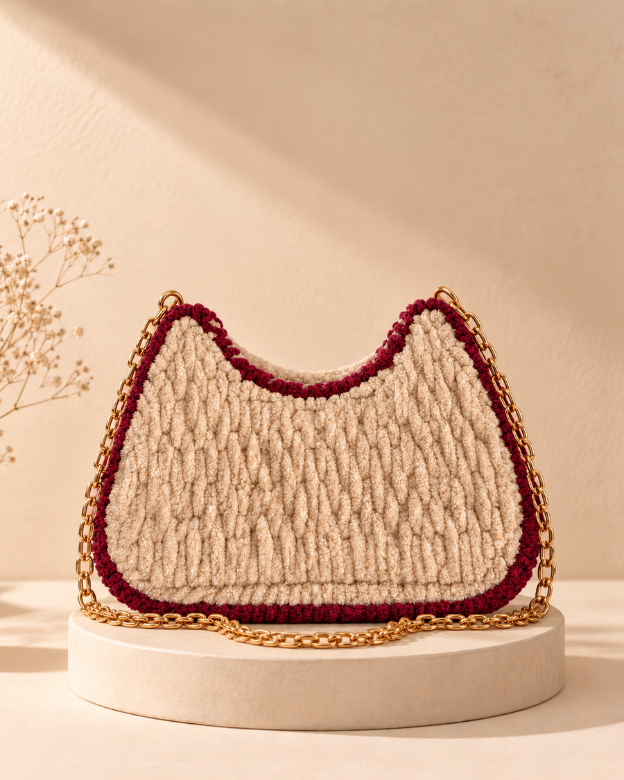 Cream & Maroon Flap Sling Bag — warm beige pedestal product photo