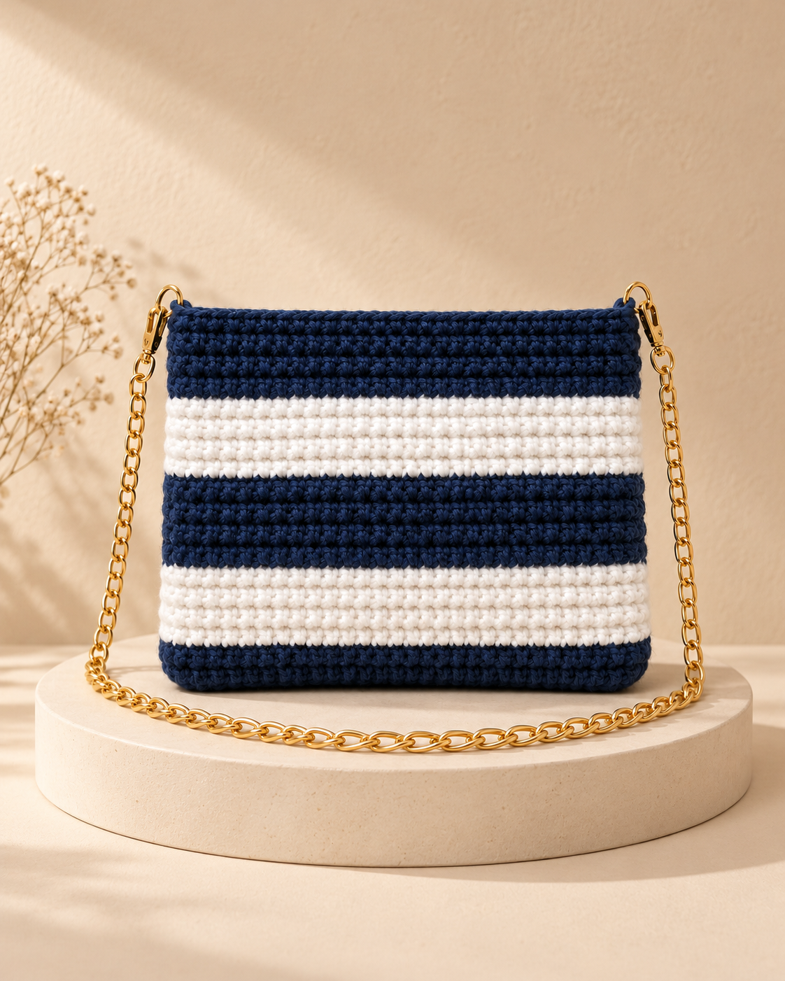 Navy & White Striped Chain Sling Bag — warm beige pedestal product photo