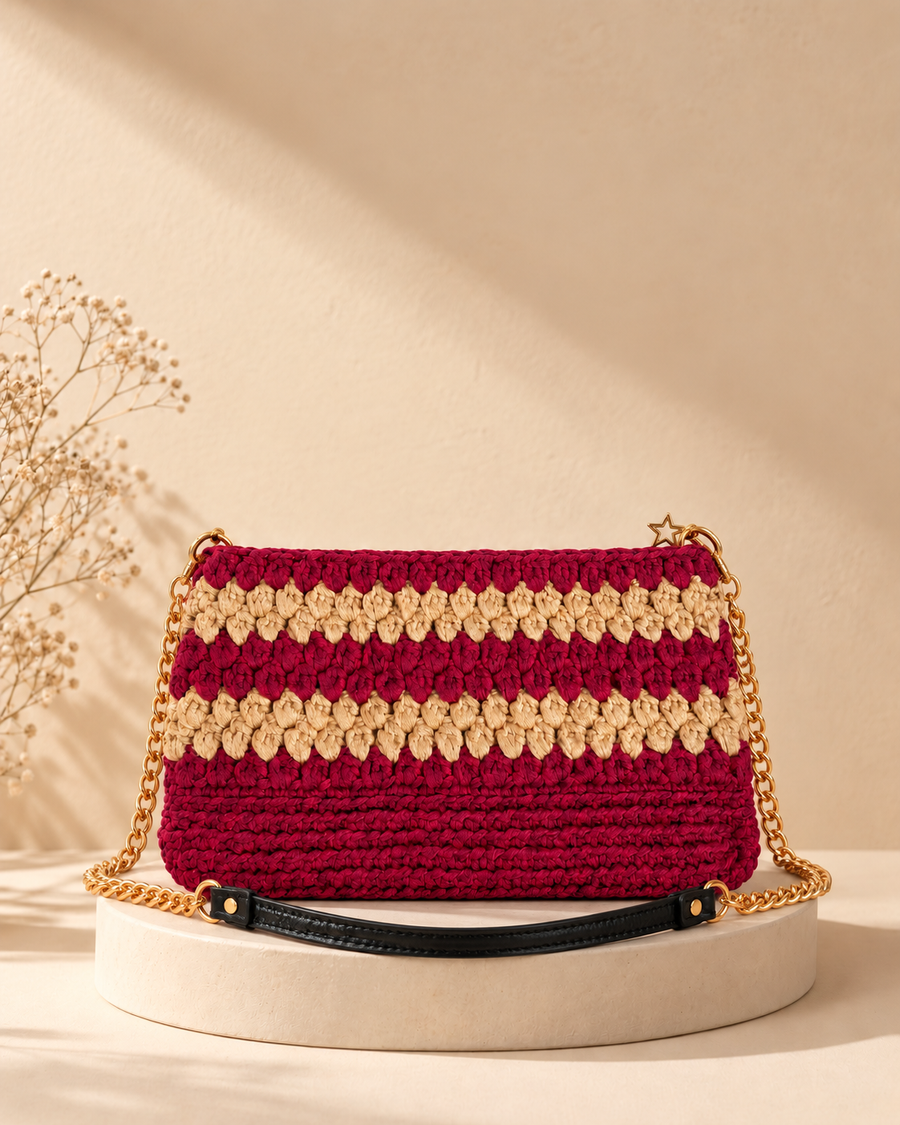 Maroon & Beige Chain Sling Bag — warm beige pedestal product photo