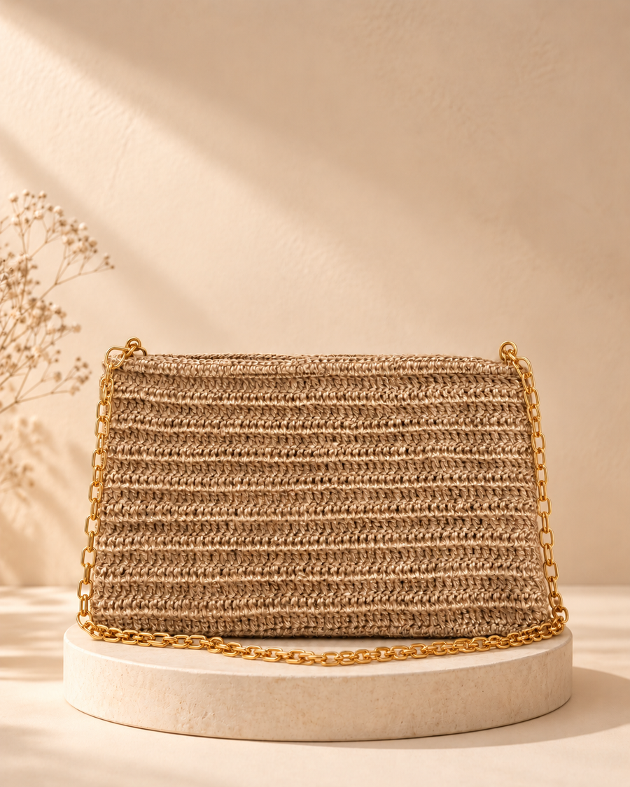 Beige Chain Sling Bag — warm beige pedestal product photo