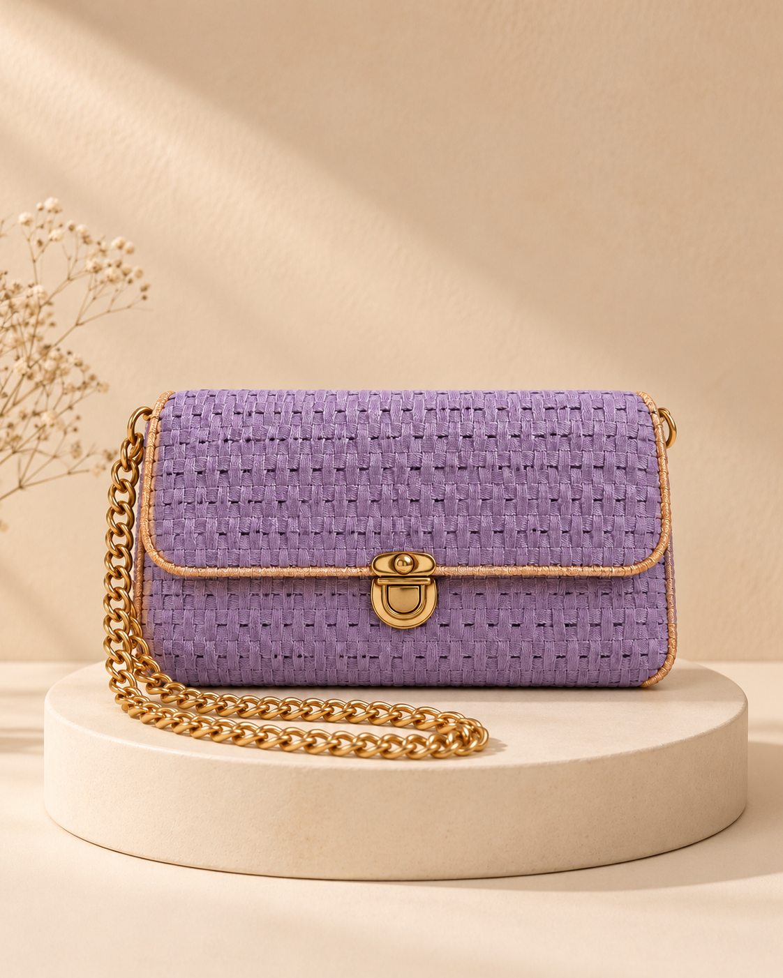Woven Flap Chain Sling Bag — Lavender — warm beige pedestal product photo