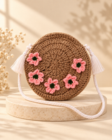 Beige floral round crochet purse on a cream pedestal, HouseOfReena