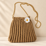 Daisy Bloom camel-brown crochet sling bag with gold chain
