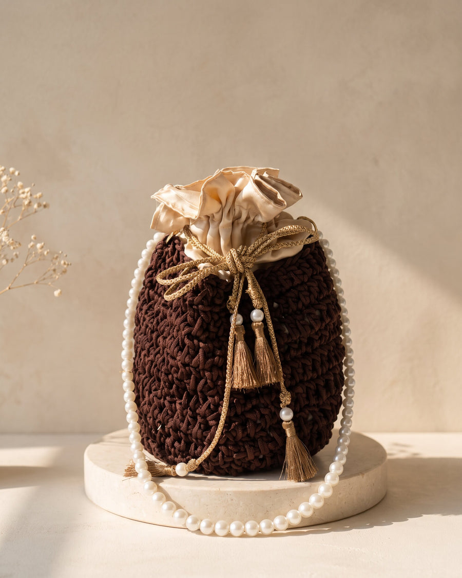 Drawstring Potli, Chocolate, handmade crochet by House of Reena