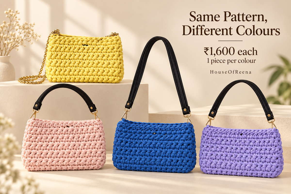 Four handmade crochet shoulder bags in yellow, pink, blue and lilac by HouseOfReena