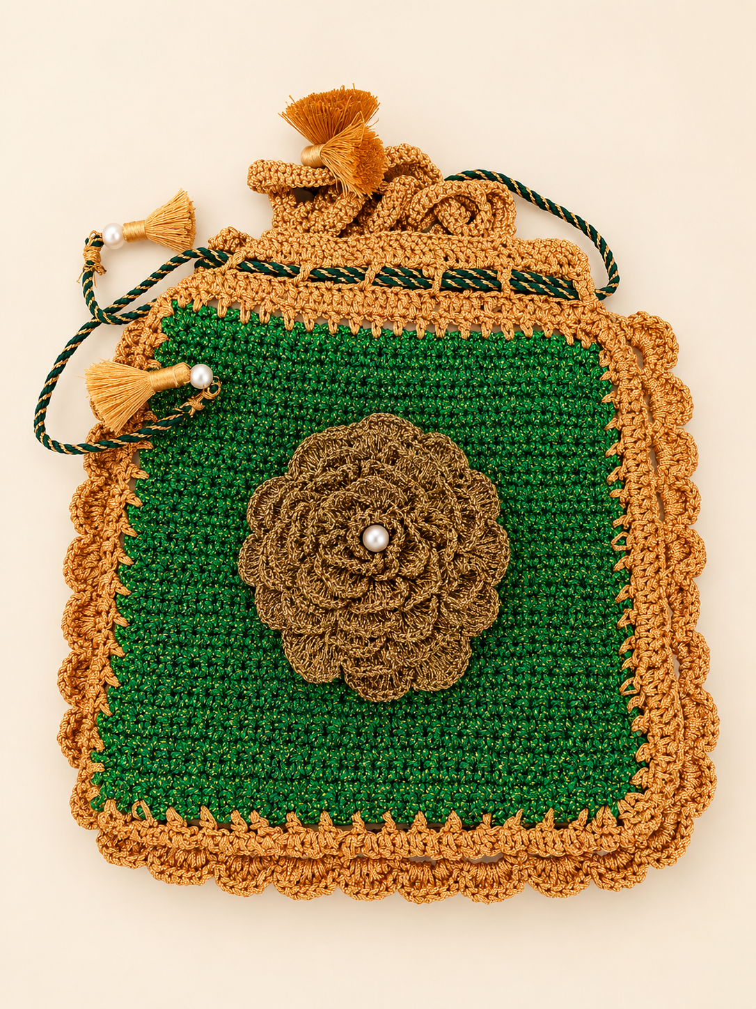 Festive Rose Potli — Green colour with crochet handle, HouseOfReena