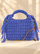 Blue handmade crochet top handle bag