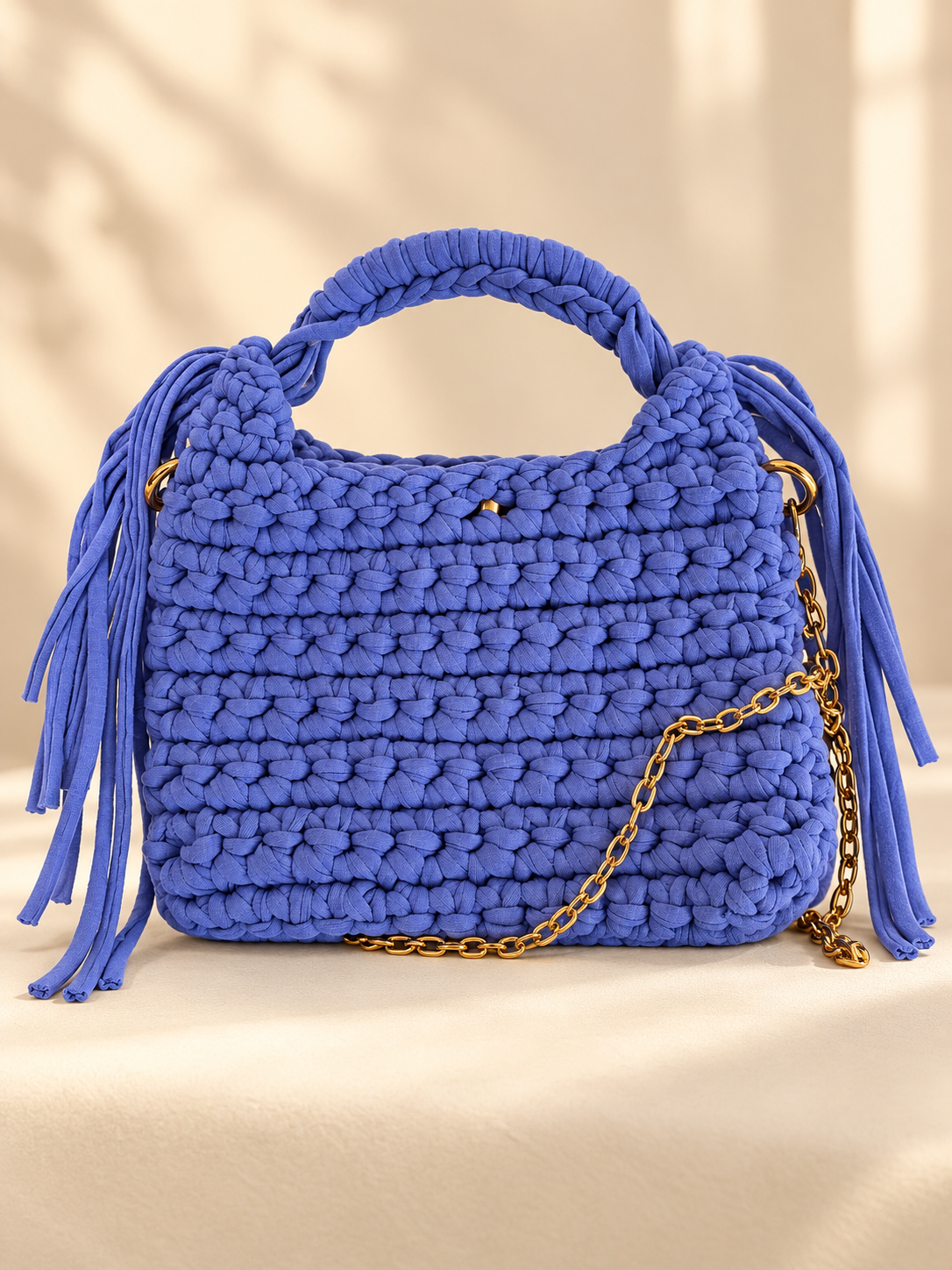 Blue handmade crochet top handle bag