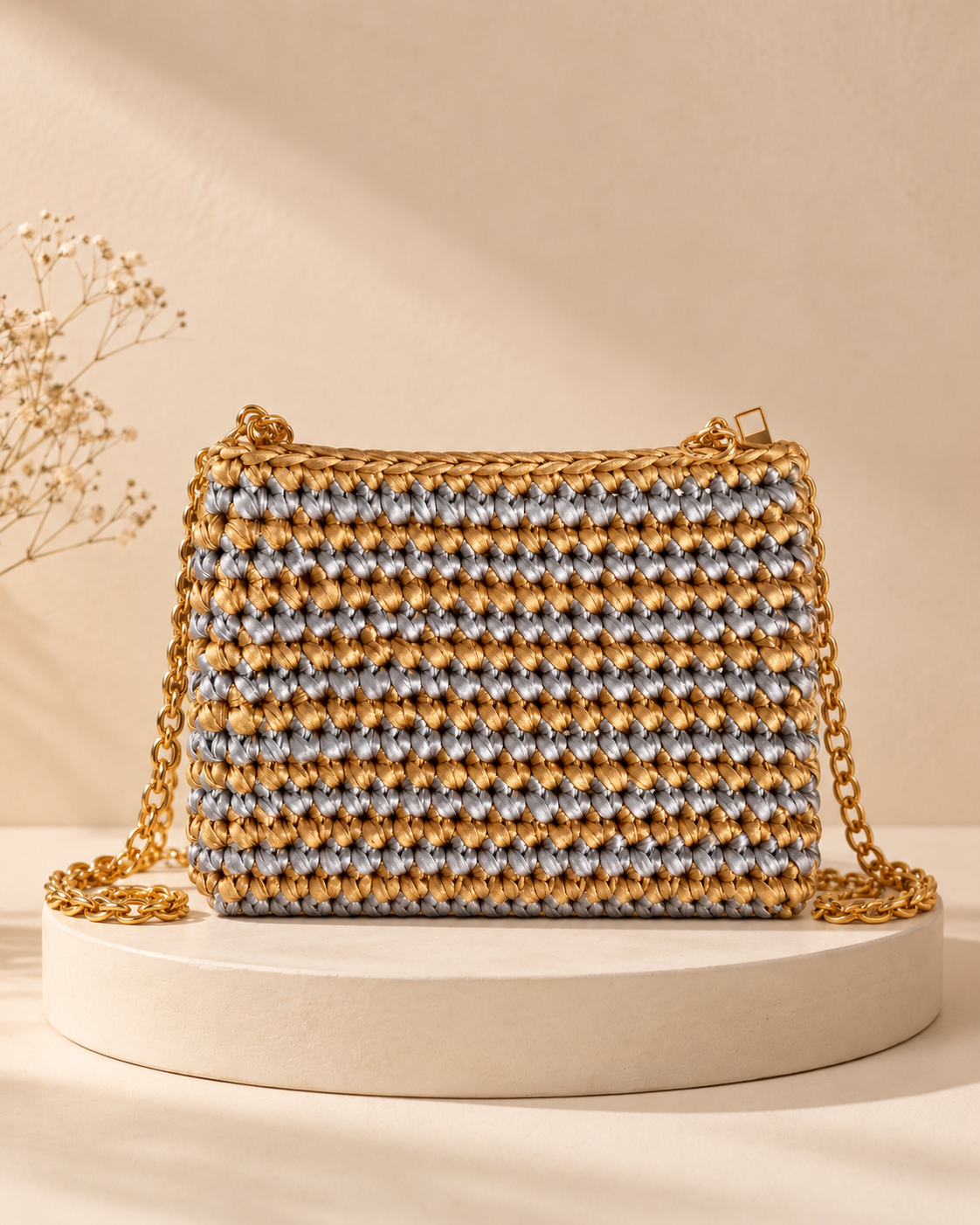 Gold & Silver Metallic Chain Purse — warm beige pedestal product photo