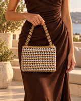 Gold & Silver Metallic Chain Purse — model holding the bag