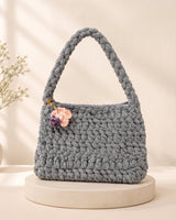 Grey Flower Charm Handbag, handmade crochet by House of Reena