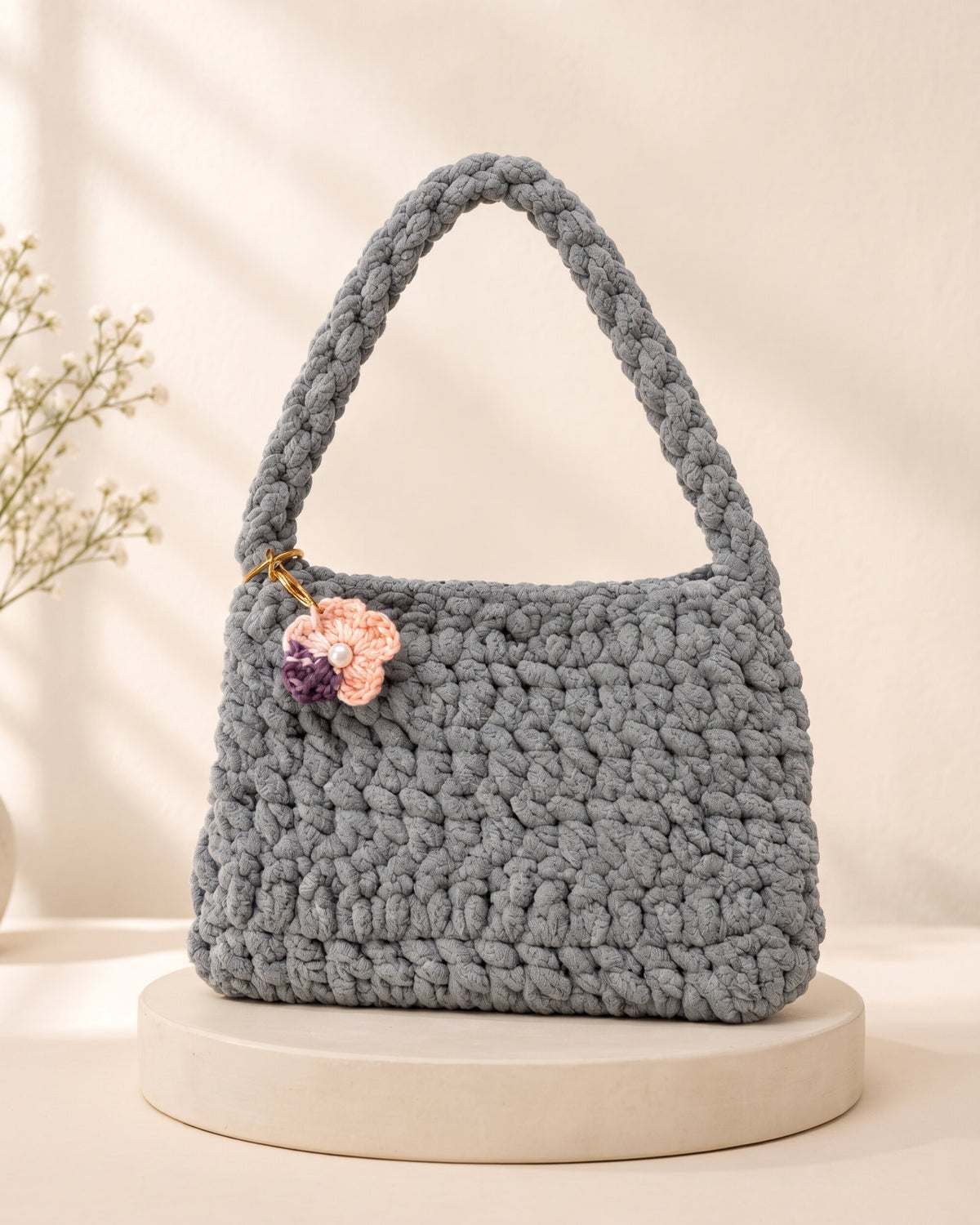 Grey Flower Charm Handbag, handmade crochet by House of Reena