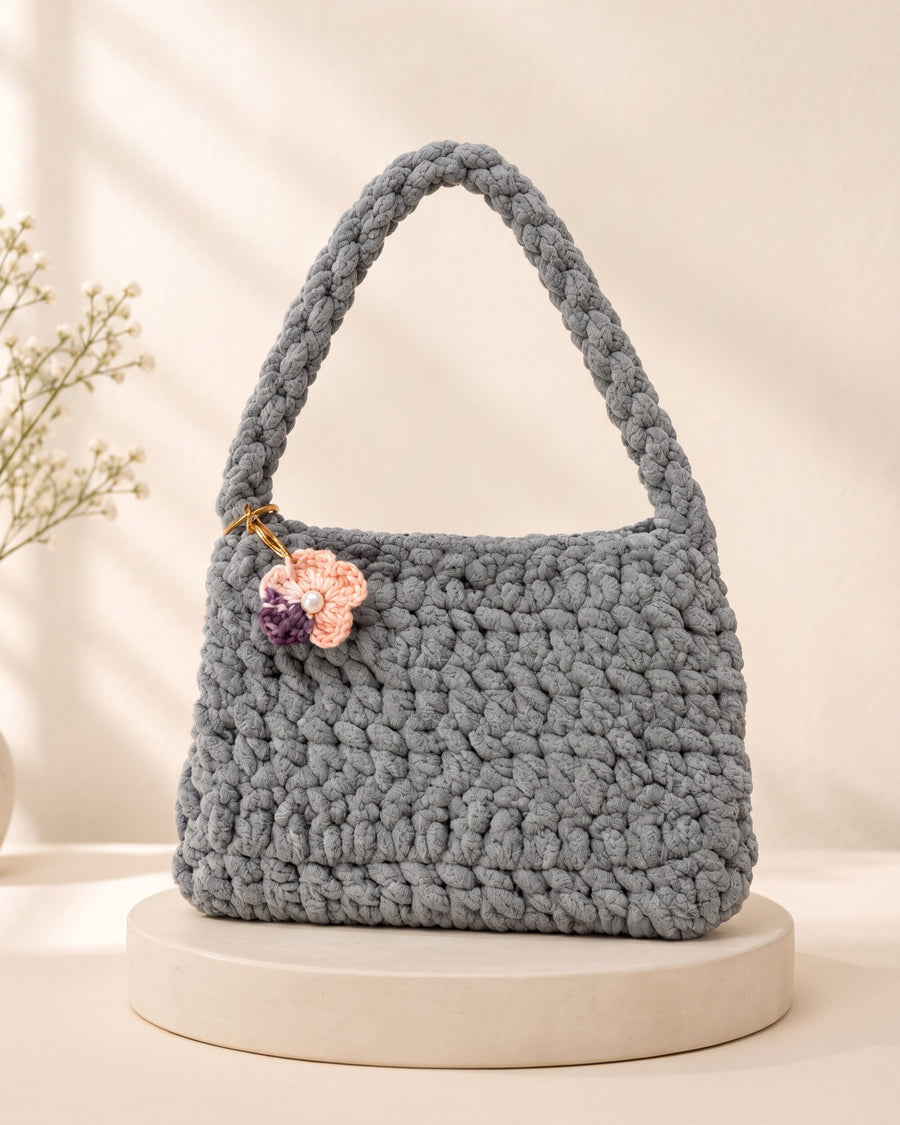 Grey Flower Charm Handbag, handmade crochet by House of Reena