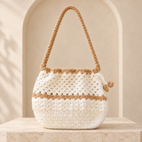 HouseOfReena white and tan soft woollen crochet sling purse