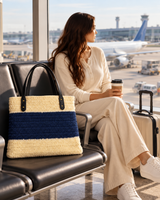 Navy & Beige Laptop Bag airport lifestyle photograph — HouseOfReena