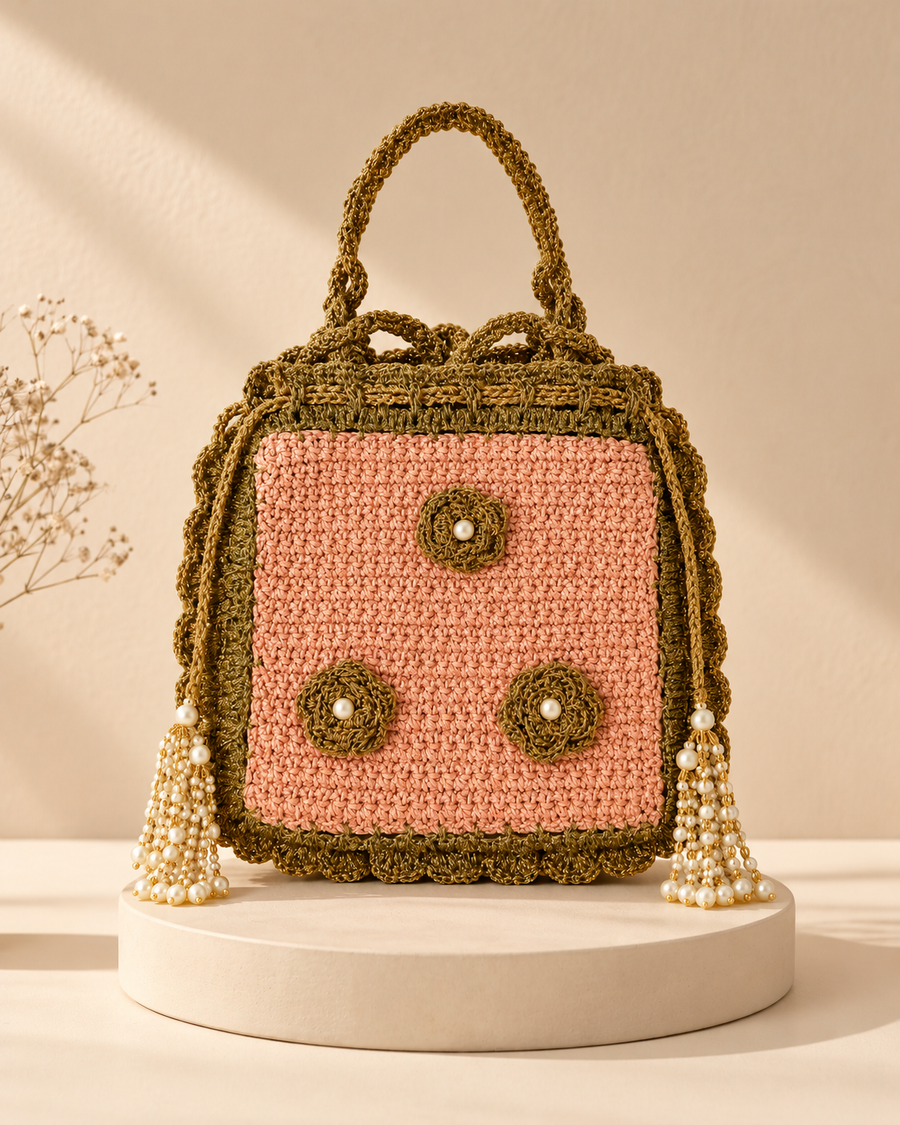 Pink and Gold Floral Potli on a cream pedestal, HouseOfReena