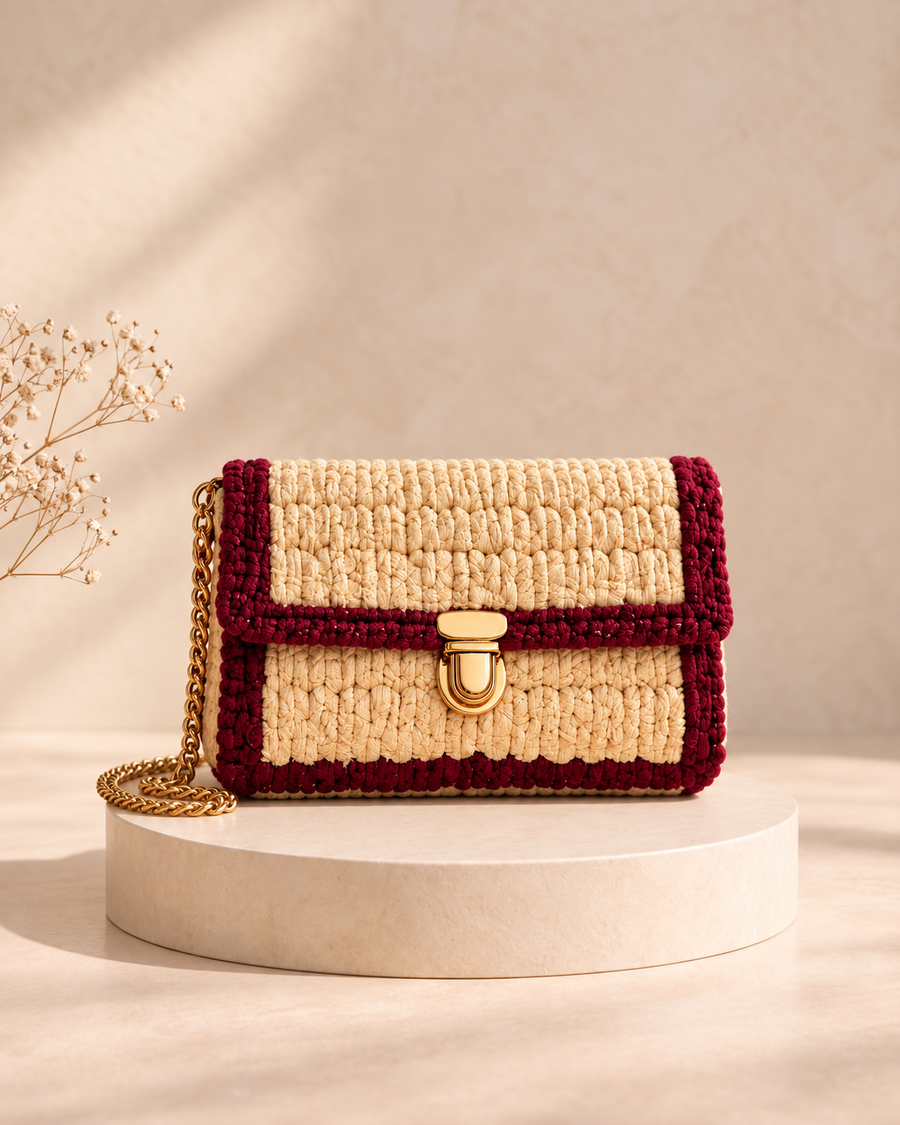 beige-pink-border sling bag on ivory pedestal