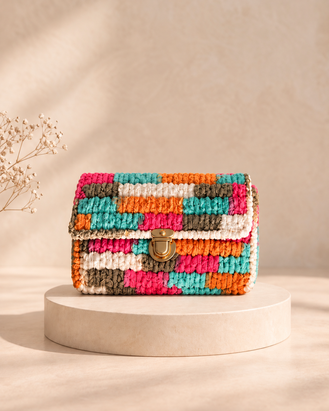 multicolour sling bag on ivory pedestal