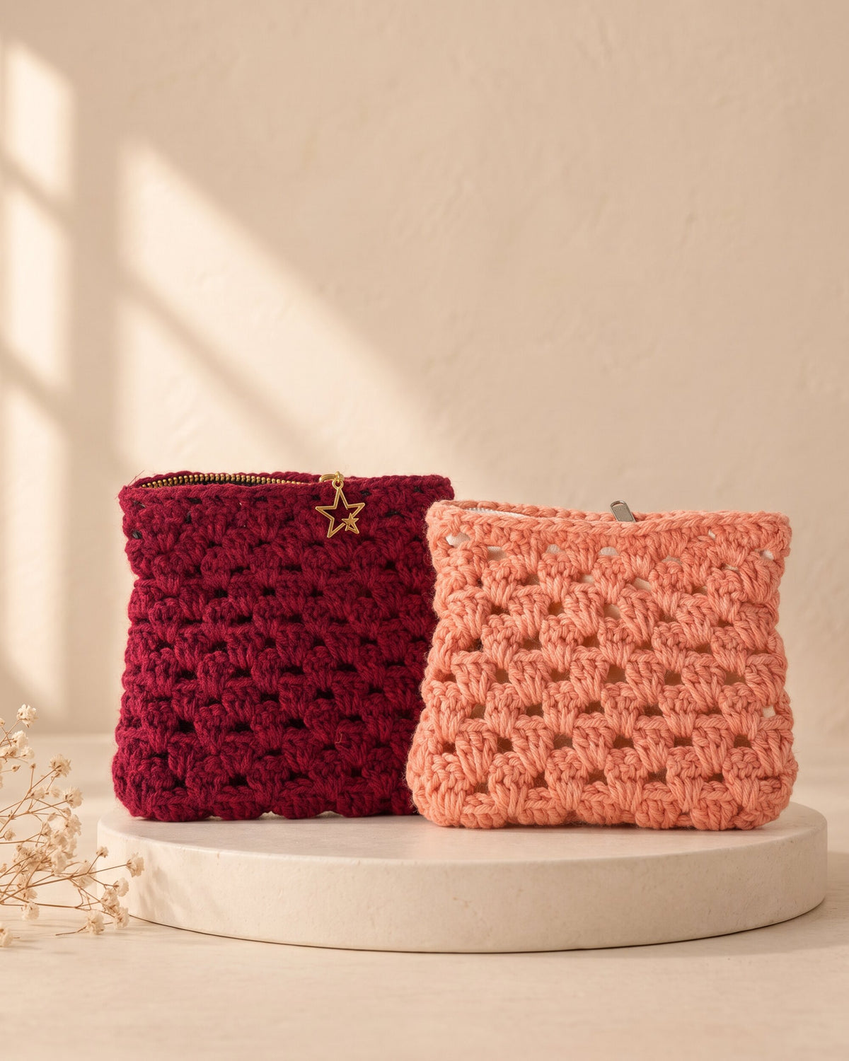 Zipper Pouch in berry and peach, handmade crochet by House of Reena
