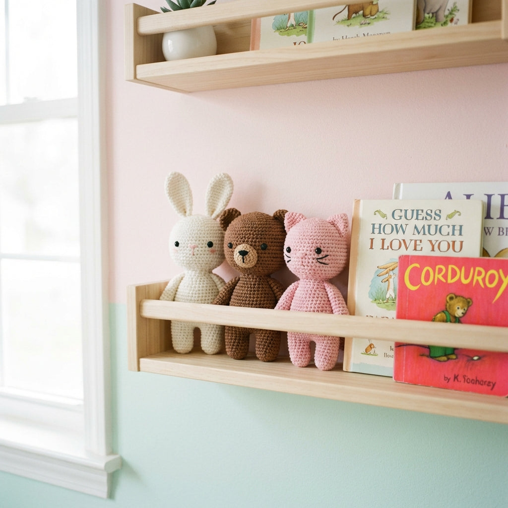 Crochet bunny amigurumi on a nursery shelf