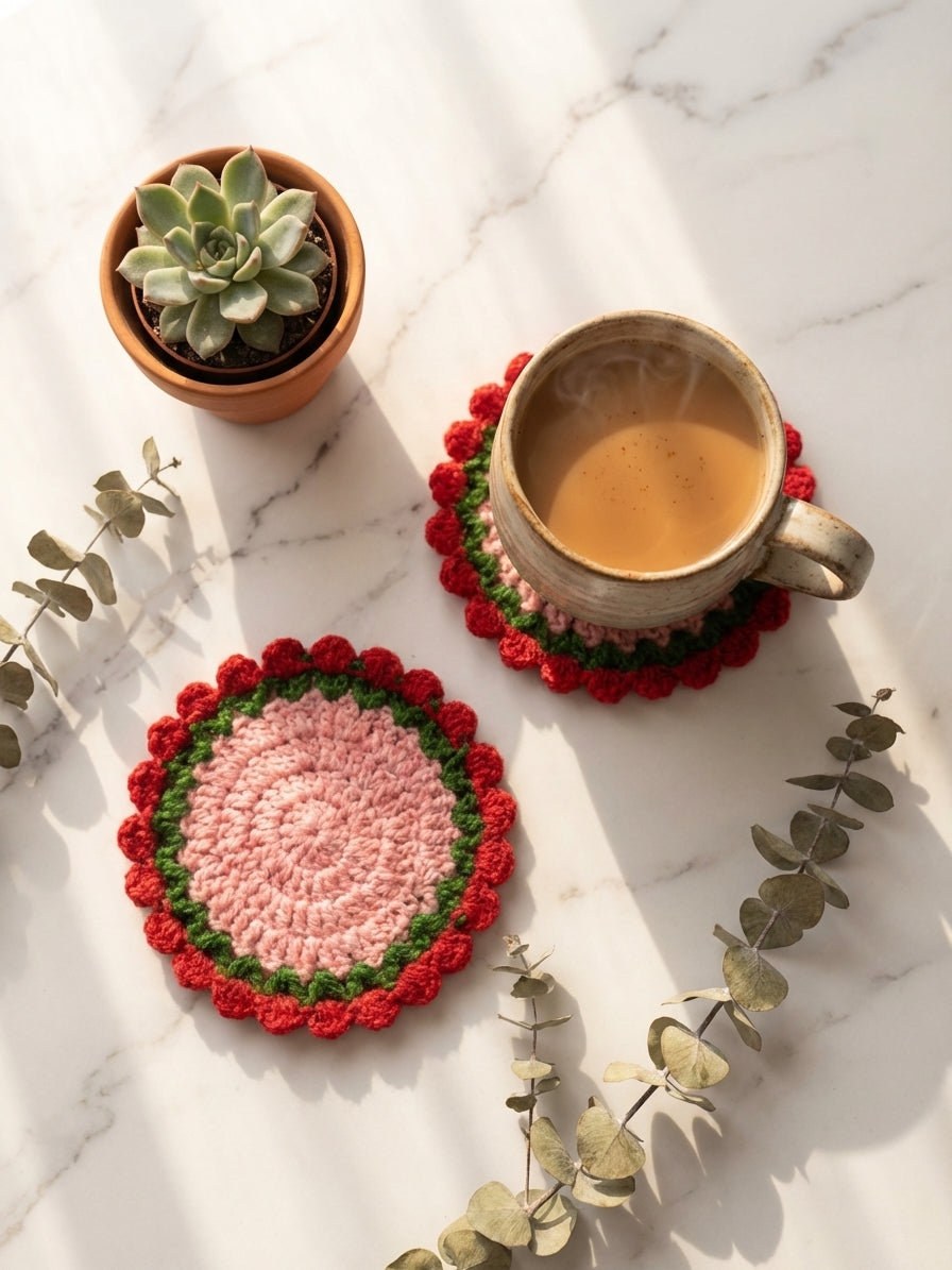 Pink and red flower coasters with a mug