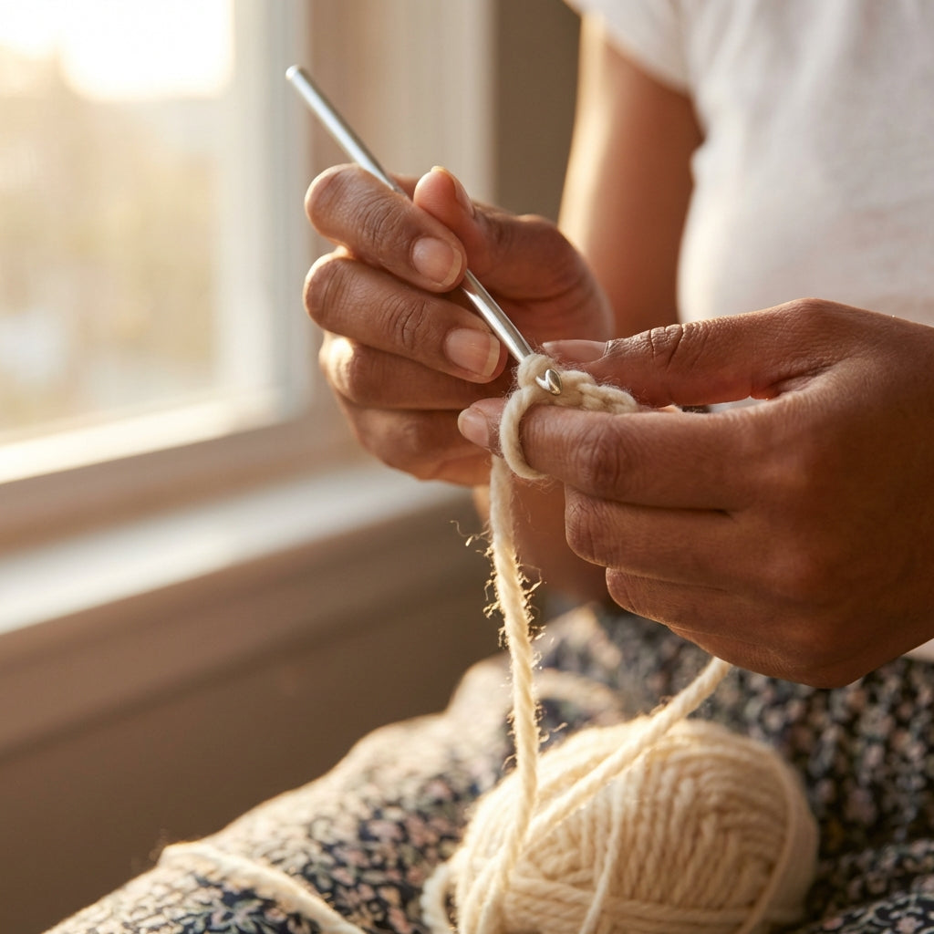 Hands crocheting in golden hour light