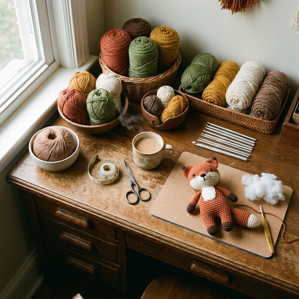 Crochet workspace overhead, yarn and hook on a wooden desk